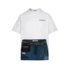 Aventen Pin Contrast Color Denim Pocket T-Shirt White