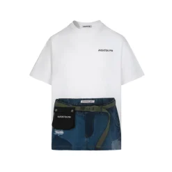 Aventen Pin Contrast Color Denim Pocket T-Shirt White