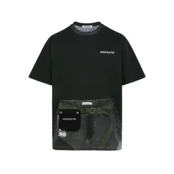 Aventen Pin Contrast Color Denim Pocket T-Shirt Black