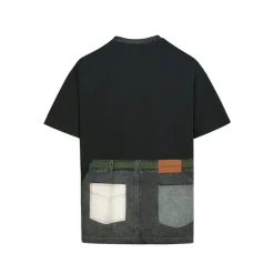 Aventen Pin Contrast Color Denim Pocket T-Shirt Black