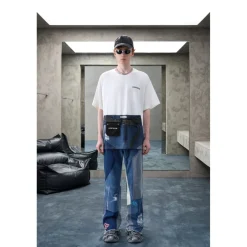 Aventen Pin Contrast Color Denim Pocket T-Shirt White