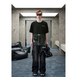 Aventen Pin Contrast Color Denim Pocket T-Shirt Black