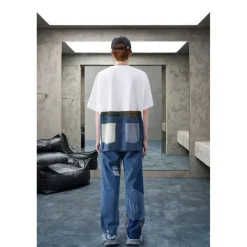 Aventen Pin Contrast Color Denim Pocket T-Shirt White