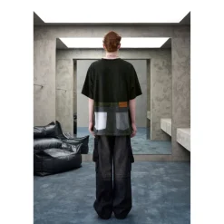 Aventen Pin Contrast Color Denim Pocket T-Shirt Black