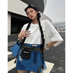 Aventen Pin Contrast Color Denim Pocket T-Shirt White
