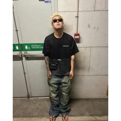 Aventen Pin Contrast Color Denim Pocket T-Shirt Black