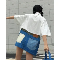 Aventen Pin Contrast Color Denim Pocket T-Shirt White