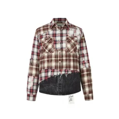 Aventen Pin Denim Bottom Plaid Shirt Red