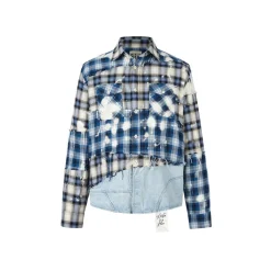 Aventen Pin Denim Bottom Plaid Shirt Blue