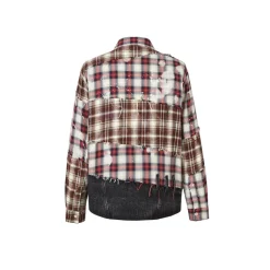 Aventen Pin Denim Bottom Plaid Shirt Red