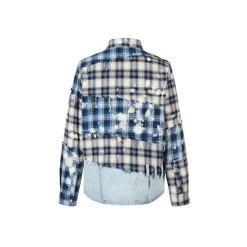 Aventen Pin Denim Bottom Plaid Shirt Blue