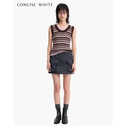 Concise-White Color Striped Knitted Vest Top