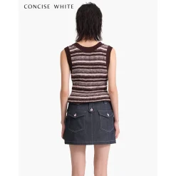 Concise-White Color Striped Knitted Vest Top