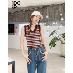 Concise-White Color Striped Knitted Vest Top