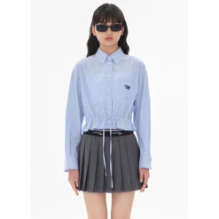 Concise-White Waistband Embroidery Logo Shirt Blue