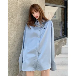 Cottia Logo Chain Satin Shirt Blue