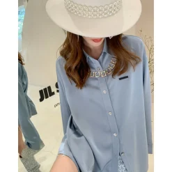 Cottia Logo Chain Satin Shirt Blue