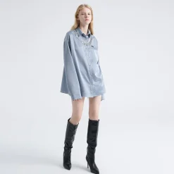 Cottia Logo Chain Satin Shirt Blue