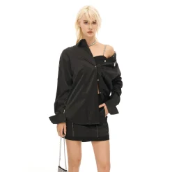 Cottia Metal Patch Straps Satin Shirt Black