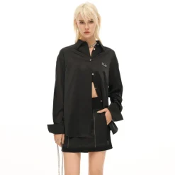 Cottia Metal Patch Straps Satin Shirt Black