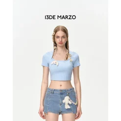 13De Marzo Basic Square Neck Slim-Fit Crop Top Blue