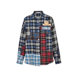 13De Marzo Bear Broken Plaid Patchwork Shirt