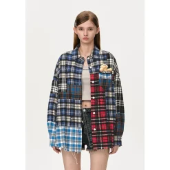 13De Marzo Bear Broken Plaid Patchwork Shirt
