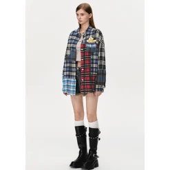 13De Marzo Bear Broken Plaid Patchwork Shirt