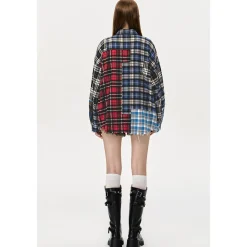 13De Marzo Bear Broken Plaid Patchwork Shirt