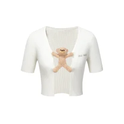 13De Marzo Bear Buckle Thin V-Neck Short Knit Cardigan White