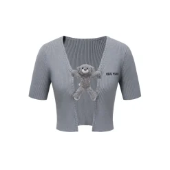 13De Marzo Bear Buckle Thin V-Neck Short Knit Cardigan Gray