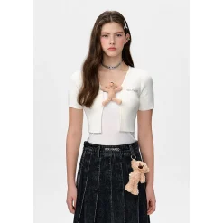 13De Marzo Bear Buckle Thin V-Neck Short Knit Cardigan White