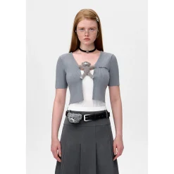 13De Marzo Bear Buckle Thin V-Neck Short Knit Cardigan Gray
