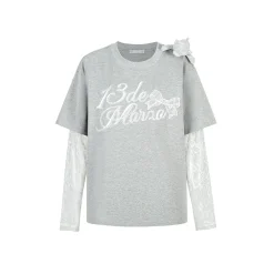 13De Marzo Bear Fake-2-Piece Lace T-Shirts Gray