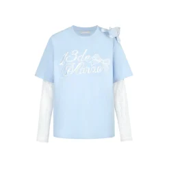 13De Marzo Bear Fake-2-Piece Lace T-Shirts Light Blue