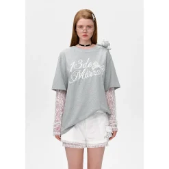 13De Marzo Bear Fake-2-Piece Lace T-Shirts Gray