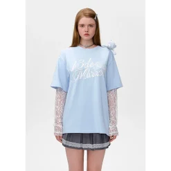 13De Marzo Bear Fake-2-Piece Lace T-Shirts Light Blue