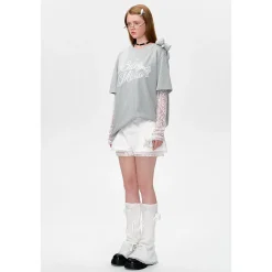 13De Marzo Bear Fake-2-Piece Lace T-Shirts Gray