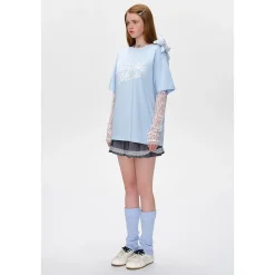 13De Marzo Bear Fake-2-Piece Lace T-Shirts Light Blue