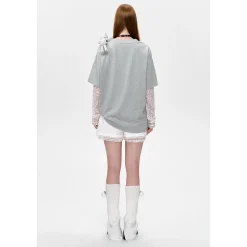13De Marzo Bear Fake-2-Piece Lace T-Shirts Gray