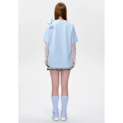 13De Marzo Bear Fake-2-Piece Lace T-Shirts Light Blue