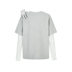 13De Marzo Bear Fake-2-Piece Lace T-Shirts Gray