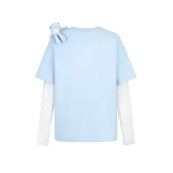 13De Marzo Bear Fake-2-Piece Lace T-Shirts Light Blue