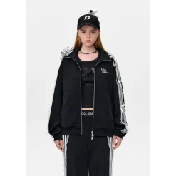 13De Marzo Bear Lace Applique Zip Up Casual Jacket Black