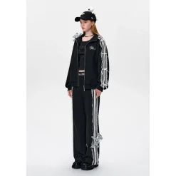 13De Marzo Bear Lace Applique Zip Up Casual Jacket Black