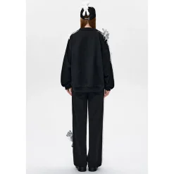 13De Marzo Bear Lace Applique Zip Up Casual Jacket Black