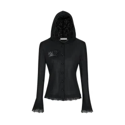 13De Marzo Bear Lace Pearl Thin Hooded Cardigan Black