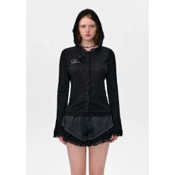13De Marzo Bear Lace Pearl Thin Hooded Cardigan Black