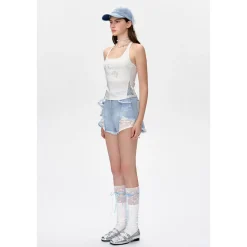 13De Marzo Bear Lace Washed Denim Cap Blue
