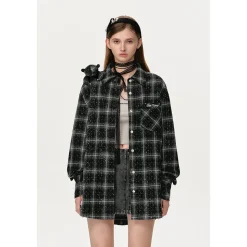 13De Marzo Bear Sparkly Drill Plaid Shirt Black